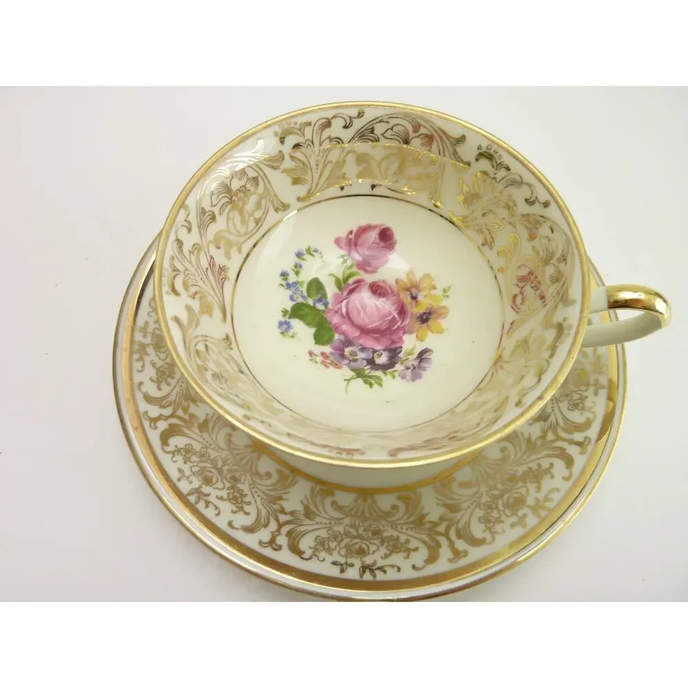 Alka Germany Tea Cup And Saucer Set Gold Trim Floral Vintage